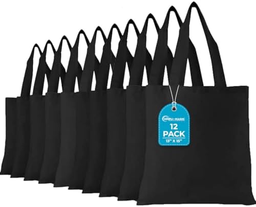 Simpli-Magic Canvas Tote Bags for Crafts,Shopping, Groceries, Books, Beach, Diaper Bag & Much More, 12 Pack, 13”x15”, Black