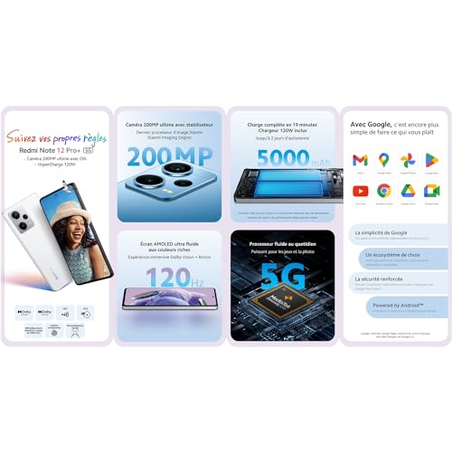 Xiaomi REDMI Note 12 Pro Plus 5G 8 256GO Blanc, Ecran de 6.7'', Smartphone Débloqué, Batterie mAh 5000, Mémoire ROM 256 GO,RAM 8 GO, Android 12, Processeur MediaTek Dimensity 1080Gravure en 6nm