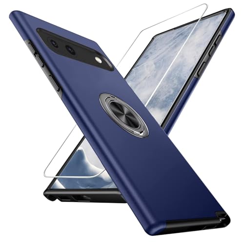HAONANDE Dünn Handyhülle für Google Pixel 8 mit Ring Halter, Militär Stoßfest mit Unsichtbare Magnetischer Ständer Schutzhülle, 1 Panzerglas Schutzfolie, Harte PC Armor Case,Blau