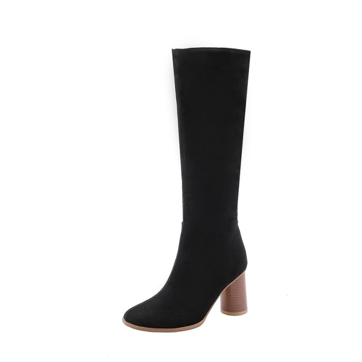 Womens Round Toe Knee High Boots Wide Calf Suede Chunky Block Heel Winter Sexy Long Boots Zipper High