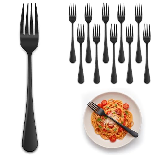 12 Piece Black Dinner Forks Set, 8 Inch Stainless Steel Forks, Mirror Polished Silverware Forks, Metal Fork Set, Dishwasher Safe for Kitchen Restaurant
