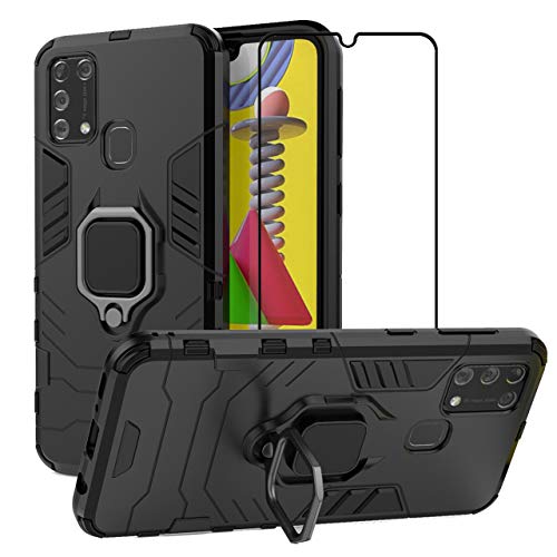 EasyLifeGo for Samsung Galaxy M31 / Galaxy M315/F DS Kickstand Case with Tempered Glass Screen Protector [2 Pieces], Hybrid Heavy Duty Armor Dual Layer Anti-Scratch Case Cover, Black