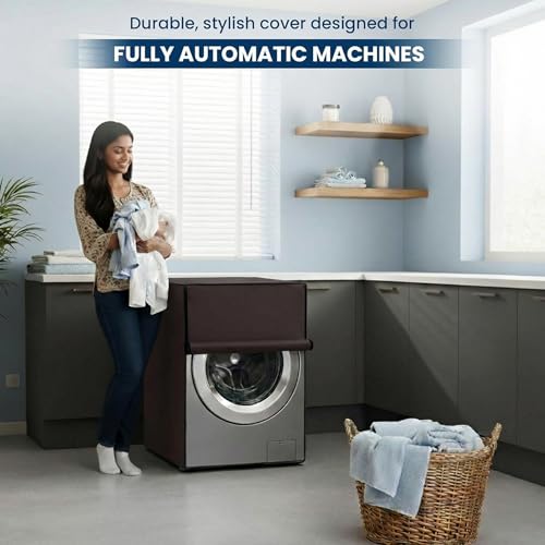 Image of Waterproof & Dustproof Front Load Washing Machine Cover Compatible for LG 12kg (FHD1208STB) | UV-Protective Washing Machine Cover | Anti-Slip Polyester | Easy to Clean & Zipper (Coffee)