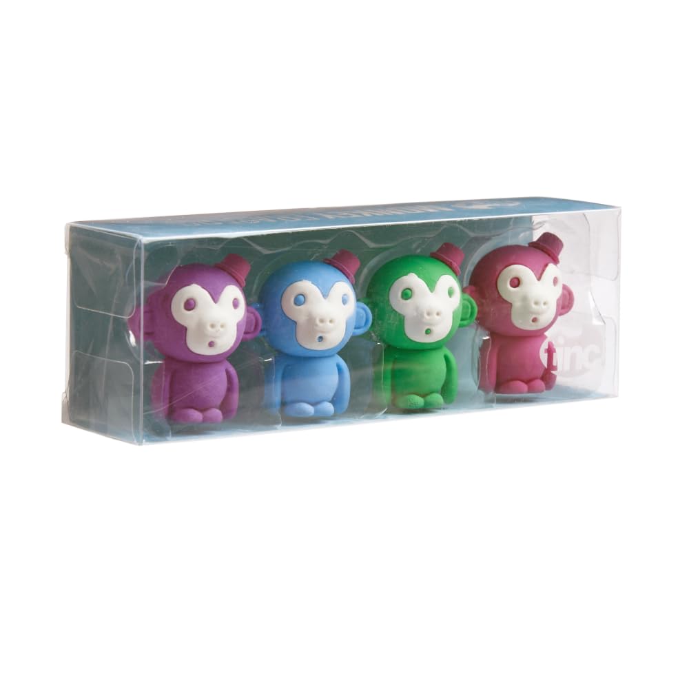 Tinc Monkey Shaped Eraser Set | Fruit Scent | Includes 4 Erasers | Correct Mistakes Easily | Great for School and Homework | for Boys and Girls | Animal Design - Pack of 4