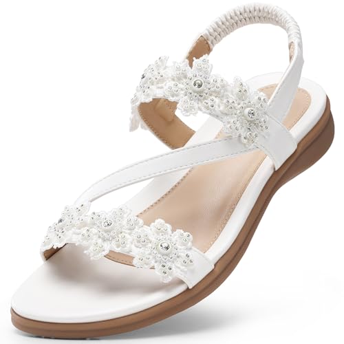 TEMOFON Sandals for Women Flat Dressy Summer Flower Sandals with Ankle Strap Comfortable Casual Walking Flat Sandals Size 5-11