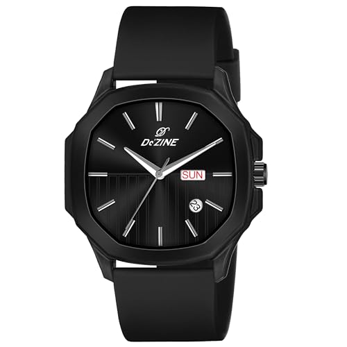 Dezine Day-Date Analogue Dial, Silicone Strap Watch for Men (Black, Black)
