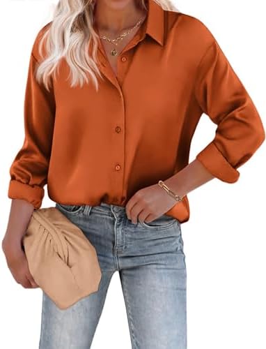 Chigant Women's Blouse Satin Silk Shirts Button Down Shirts Casua...