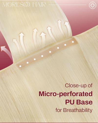 Image of Moresoo Butterfly Weft Hair Extensions Human Hair, Invisible Genius Weft, #60 Golden Platinum Blonde 20 Inch 100g, Add Volume, OVO PU Hole, Straight Soft Remy Hair, Simple Installation