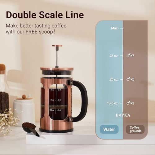 BAYKA 34oz 1 Liter French Press Coffee Maker,Mothers Day Gifts for Mom,Coffee Lover Gift,Heat Resistant Thickened Borosilicate Glass Stainless Steel Brewer,Cold Brew Cafetera Teapot for Kitchen,Copper