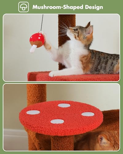 Image of MUTTROS Mushroom Cat Tree Tower with Removable Scratcher, Large Hammock, Condo, Perch, 3 Sisal Posts - Multi-Level Cat Tree for Indoor Cats, Cute Cat Tower for Small Space Homes