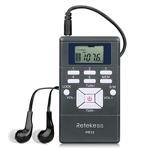 Retekess PR13 Portable FM Radio, Pocket FM Radio Receiver, AAA Battery Powered Personal Mini Stere with Earphone and Lock Key for Walking, Jogging, Mowing, Church, Tour Guide (Pack of 1)