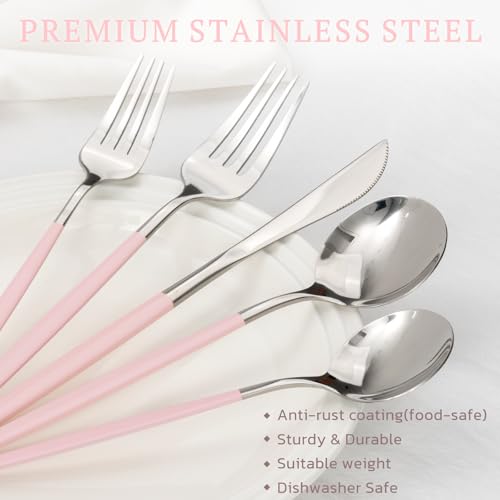 Image of Astercook Silverware Set with Steak Knives 24-Piece Flatware Set for 4 Food-Grade Stainless Steel Pink Cutlery Set Mirror Polished Utensils Set Include Spoons and Forks for Home Kitchen Restaurant