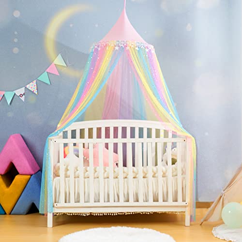Rainbow Bed Canopy For Girls,Shiny Kids Princess Round Dome Bed Curtain With Star Moon Glitter,Kids Crib Canopy Play Tent Canopy Dreamy Bed Netting For Girls Bedroom Decor Children Reading Corners #TOP3