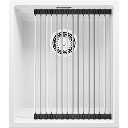 Fregadero Praga Fregadero Cocina 41x47 cm, Fregadero Granito Un Seno + enrollable escurridor + Sifón Clásico, Fregadero sobre encimera Prague 45 Level Slim de Primagran, Blanco