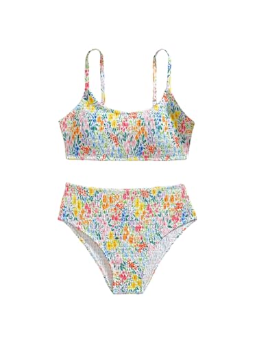 OYOANGLE Girl's Two Piece Floral Smocked Bikini Set High Waisted Bathing Suit Scoop Neck Beachwear
