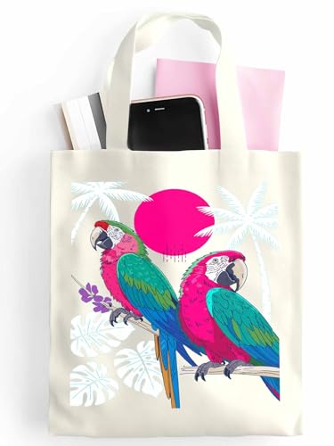 Canvas Tote Bag Summer Parrot Palm Leaves Reusable Grocery Shopping Bag,Shoulder Tote Bags for Women Travel Work Gym2