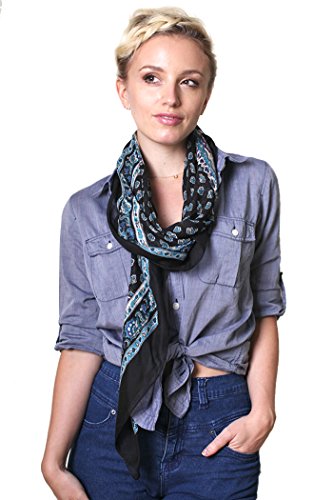 Anika Dali Women's Delicate Boho Black & Blue Floral Bandana Square Neck Scarf