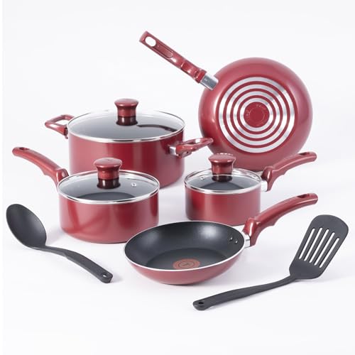 T-fal Essentials Non-Stick Pots and Pans Cookware 10 Piece Set Red