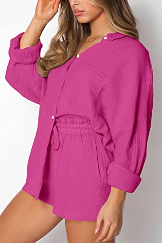 Image of Trendy Queen Two Piece Sets For Women Summer Short Sets | Matching Two Piece Pajama, Lounge Wear, Linen Set, Button-down Top with Matching Shorts, Perfect for Beach, Resort Wear