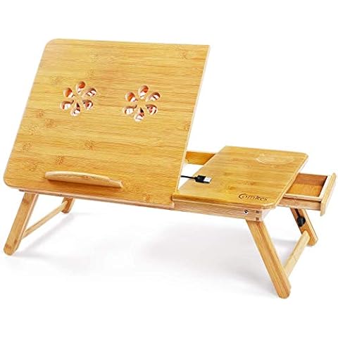 Laptop Desk, KMASHI Adjustable Laptop Desk Table, 100% Bamboo with USB Cooling Fan Foldable Breakfast Serving Bed Tray w' Tilting Top Drawer Cover
