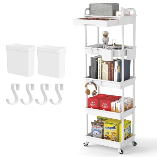 Image of 5 Tier Rolling Utility Cart with Drawer,REBECAT Utility Cart Made of Multifunctional Storage Organizer Tool for Kitchen,Bathroom,Living Room,Office(White)