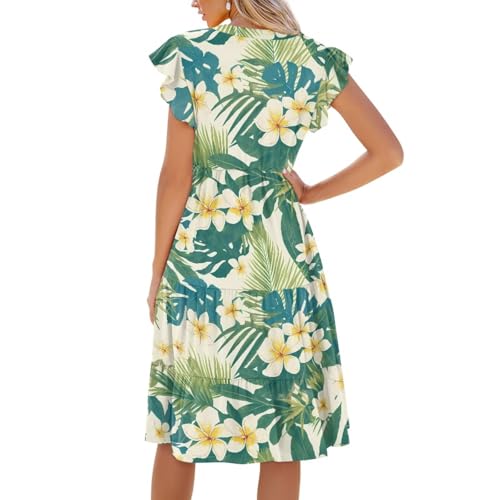 Image of Womens Summer Dress Ruffle Sleeve V Neck Dress Casual Fit Flowy Beach Vacation Sundress with Pocket S-2XL
