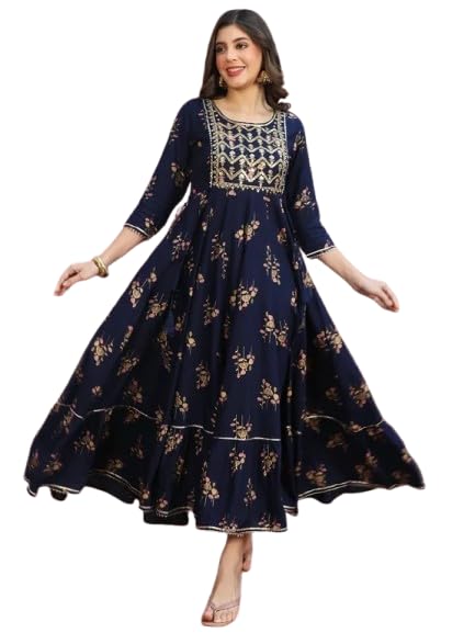 Women's Ethnic Anarkali Maxi Dress Set of 5, 3/4 Sleeve Floor Length Gowns in Pink Chevron, Turquoise Chevron, and Maroon Navy Blue, Black Floral-image-43