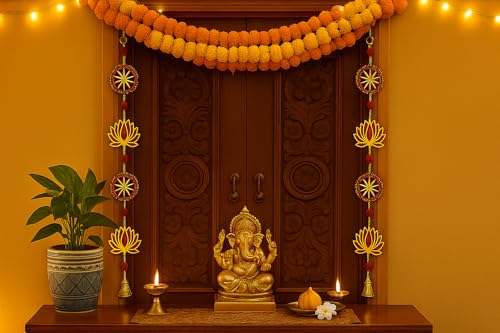 Image of True Decor 2PC Wall Door Hanging Lotus Toran with Bells Main Door Entrance Pooja Room Temple Wedding Festival Decor - Diwali Decoration Items for Home Dcor