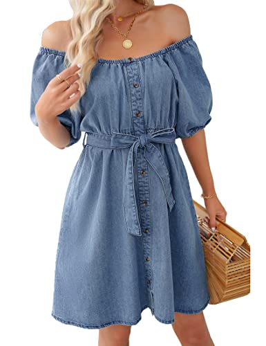 off the shoulder denim dress with belt SHEIN SXY Women's Off-Shoulder Button-Front Slim Fit Denim Dress