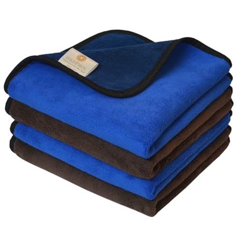 Image of MUSHIES 800 GSM Microfiber Cloth (40x40 cm, Pack of 4) Double Layered Highly Absorbent Heavy Plush Microfibre Towel Cloth for Car Cleaning, Washing, Drying, Polishing & Detailing (Blue /Brown)