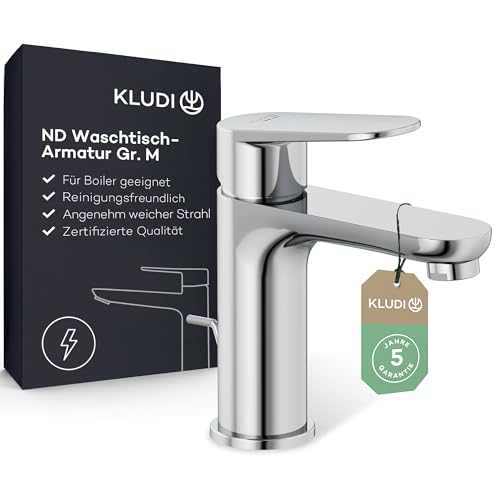 KLUDI-X1 Niederdruck Waschtischarmatur, Auslaufhöhe 95 mm, wassersparender Wasserhahn Bad Größe M, Keramikkartusche, Mischbatterie Waschbecken inkl. 3 Anschlussschläuchen (Boiler Zu-und Rücklauf)