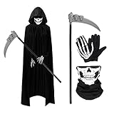 Wishstar Halloween Kostüm Sensemann, Umhang mit Kapuze 150 cm, Halloween Costume Schwarz, Halloween Kostüme Cape mit Sense Skeletthandschuhe Maske für Unisex Halloween Party Rollenspiel