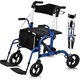 Rollator Walker with Seat, 2 in 1 Transport Wheelchair for Seniors, Folding Walker Wheelchair Combo All Terrain, Medical Walking for Adults with Brakes, Backrest, Footrest 300 Lb. Weight Capacity