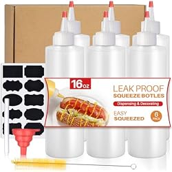 Sopito 16 oz Condiment Squeeze Bottles for Sauces, Ketchup, Liquids, 6 Pack | Leak-Proof, BPA Free, For Mustard, Mayo, Salad Dressing, Oil and Honey, Great for Home Cooks and Food Service Professionals