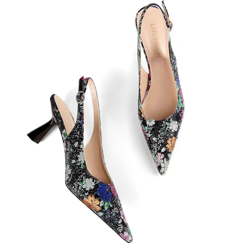 Image of LOCERICH Women's Kitten Heels Slingback Low Heel Dress Shoes Closed Toe Pumps Rhinestone Pointed Toe Sparkly Sling Back Bridal Wedding Party