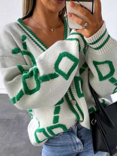 Image of Autumn Winter Style Woman Blouse Knitted Cardigan Slim Fitting Long Sleeved V-Neck Printed Cardigan Jacket Sweater