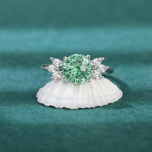 925 Sterling Silver Ring with Fireworks Cut Green Zircon, Zircon Accent Stones, 0.315 in Main Stone, Electroplated Wedding Engagement Ring, Gift for Women3