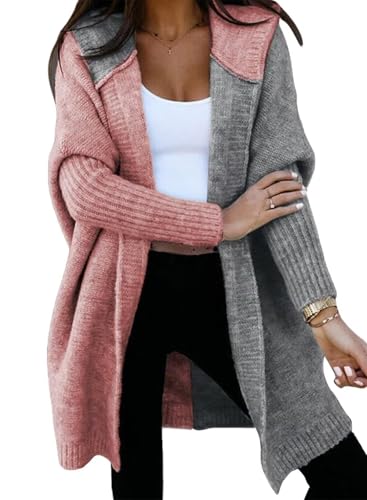 Image of Astylish Women 2026 Fall Clothes Outfits Hooded Knit Cardigan Sweaters | Open Front, Long Sleeve, Color Block, Fashion Clothing, Outwear Coats