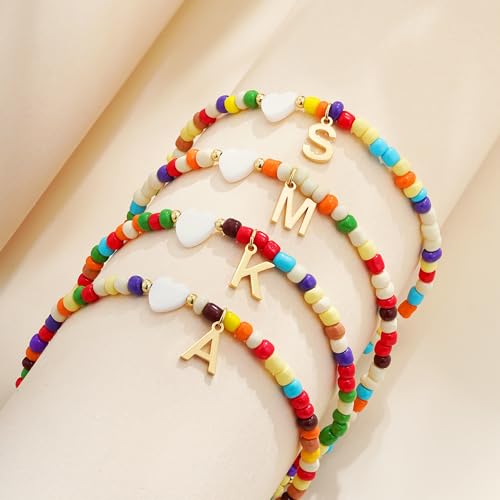 Image of Eaciy Colorful Initial Ankle Bracelets for Women - 14K Gold Plated Layered Heart Initial Anklets Bracelet Dainty A Letter Ankle Bracelet Colorful Layered Anklet Bracelet for Women