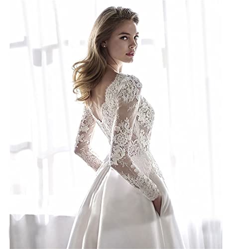 Phil Beauty Ladies Wedding Dresses Bride Lace Long Sleeve Dress Prom Party Satin Elegant Wedding Dresses,Ivory,Us 2,Ivory #TOP2