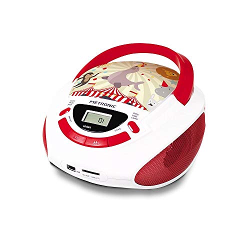 Metronic 477145 - Reproductor de CD portátil, Lector CD portatil con Toma USB/SD para MP3 / AUX Jack 3,5mm, Toma Auricular, 6W, Circus Blanco/Rojo