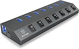 ICY BOX IB-Hub1701-U3 7-fach USB 3.0 Hub und Ladegerät, An-/Ausschalter für jeden Port, Netzteil (12V/4A), Aluminium, Ladestandard BC 1.2, grau