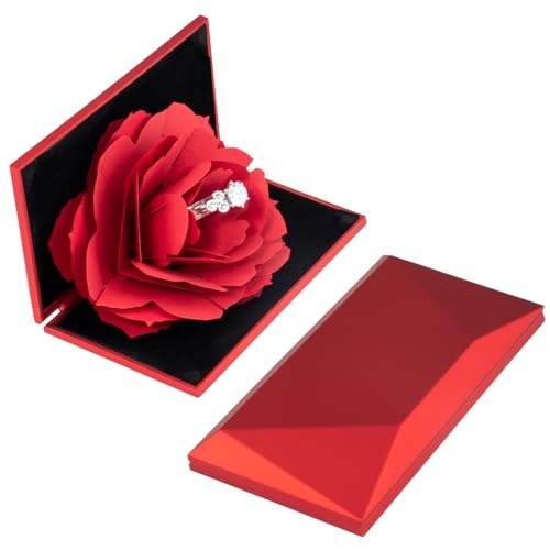 Image of wonuu Engagement Ring Box,Ring Rose Box Surprise Jewelry Storage Holder for Woman as Proposal Engagement Wedding Ring Jewelry Gift Case in Valentine's Day ect. (Rhombus Shaped-Red)