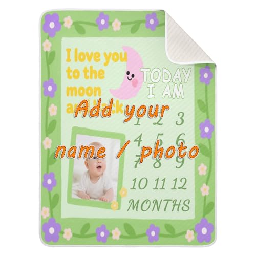 Custom Cute Baby Photo Monthly Milestone Cartoon Purple Pink Flower Toddler Blanket Soft Customizable cat Name Blanket for Girls or Boys 30x40in Regalo para
