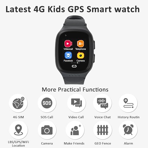 Kids Smart Watch Boys with GPS Tracker & Video Calling 4G Kids Cell Phone Watch Age 5-12, One-Key SOS Call Voice Chat Camera Alarm Clock Touch Screen MathGame GPS Tracker Watches for Kid Gifts(Black)