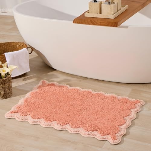 ORTIGIA Cute Coral Pink Scalloped Bath Mat Fun Plush Microfiber Scallop Bathroom Rugs Non Slip Washable Quick Dry Absorbent Bath Rug Carpet for Shower Stall Vanities Kitchen Floor Entrance 20x32