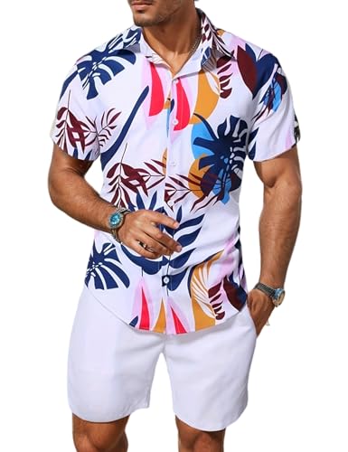 Yimoon Men's Summer 2 Piece Outfits Tropical Print Short Sleeve Button Down Hawaiian Beach Shirt and Shorts Set(02White-L)