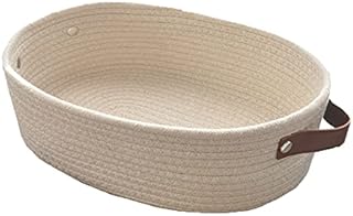 Cotton Rope Storage Basket, Cotton Rope Woven Basket, Storage Basket with Leather Handle, Small Storage Basket, Cotton Storage Basket for Shelves, Bedroom, Cupboards, Wardrobes, Drawers(Beige)