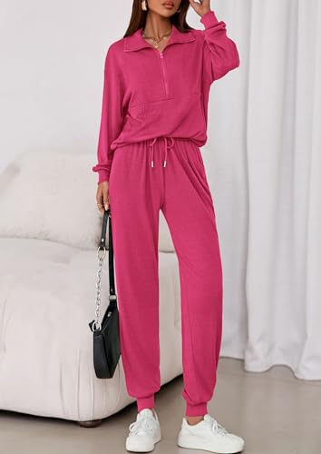Image of PRETTYGARDEN Women 2 Piece Ribbed Knit Matching Lounge Sets | Comfy Sweat Track Suits, Athleisure Casual Outfit, Half Zip Sweatshirt & Jogger Pants, Fall Winter Clothes for Airport Travel