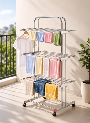 Image of Xmart India 304 Stainless Steel Foldable Clothes Drying Stand | 3 Layer Laundry Drying Rack with Wheels | Heavy Duty Cloth Dryer Stand for Balcony, Indoor & Outdoor (3 Layer Steel Cloth Drying Stand)